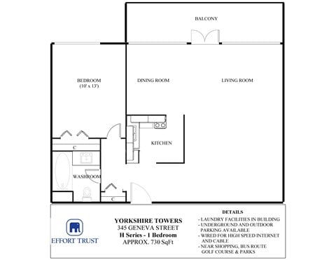 Floor plan for 1 bed, 1 bath, 728 sqft